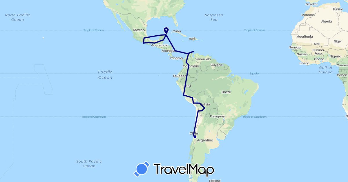 TravelMap itinerary: driving in Bolivia, Belize, Chile, Colombia, Mexico, Peru (North America, South America)